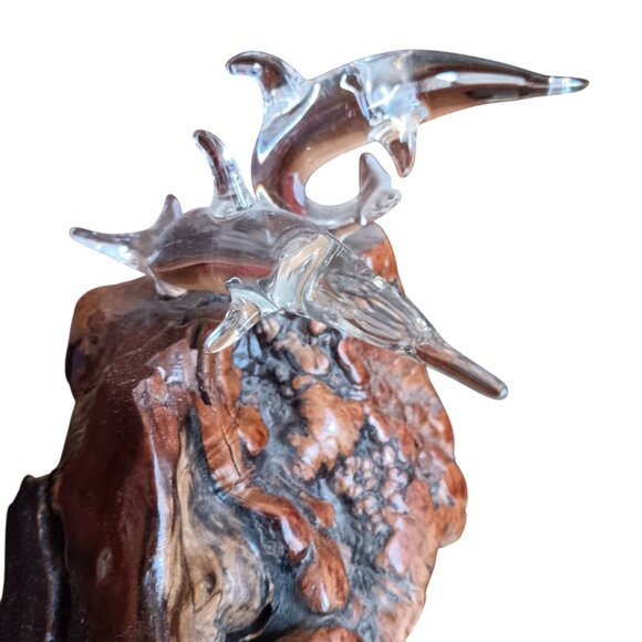 Vintage Handcrafted Wooden Burl & Glass Dolphin Sculpture 5" Desk Decor Hawaii - Picture 6 of 7
